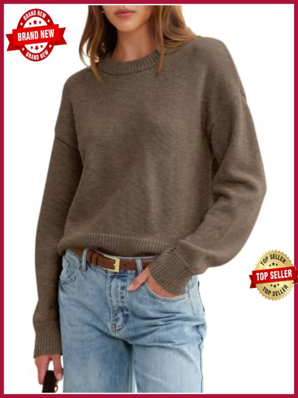 Oversized Wool Blend Crewneck Pullover Sweater Ribbed Cuffs